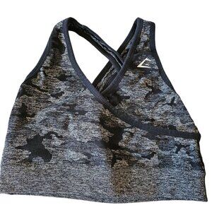 GymShark Sports Bra Black Gray Camo Strappy High‎ Impact Sz Medium Full Coverage
